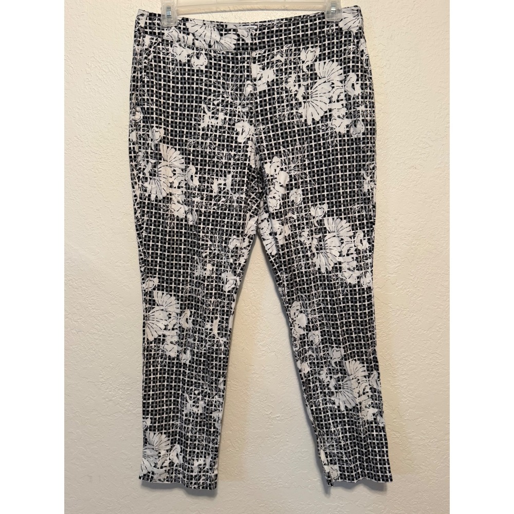 IZOD PerformX Womens Black White Floral Grid Stretch Pants Size 12 Tapered Leg